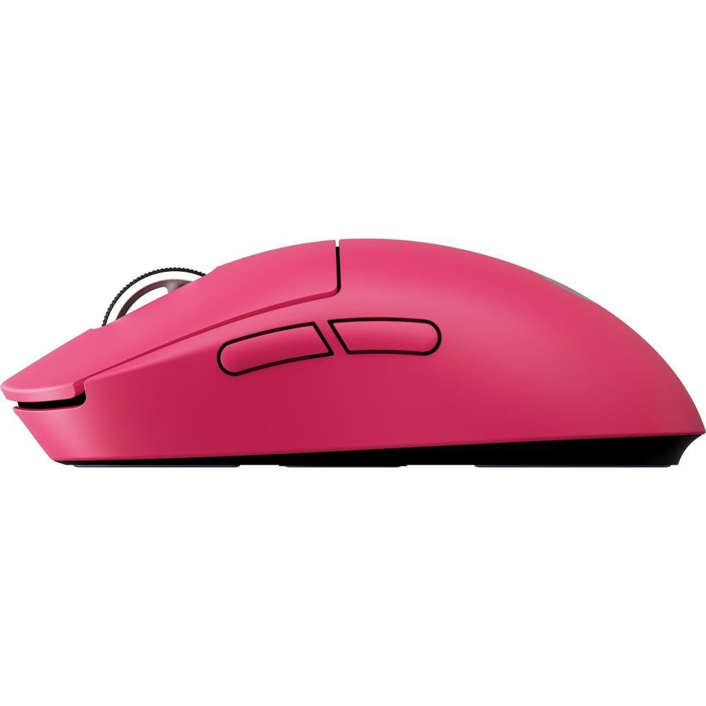 Magenta wireless gaming mouse profile with two raised side buttons on top edge.