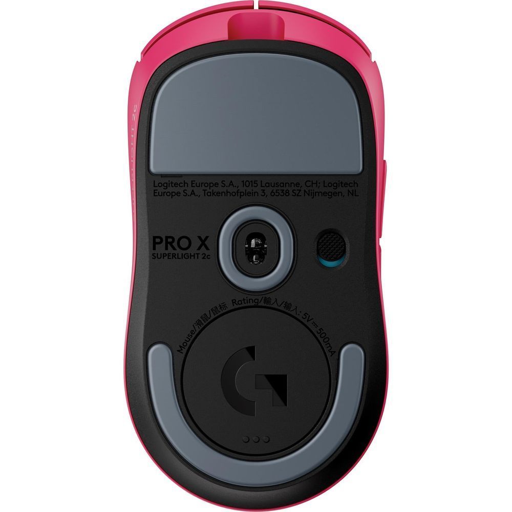 Magenta underside of wireless gaming mouse with center logo, ports, and feet.