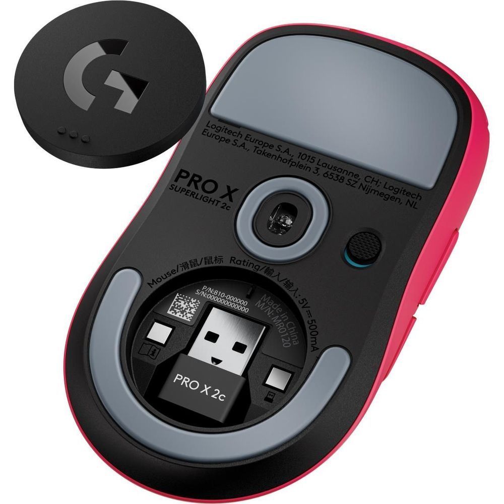 Magenta underside of wireless gaming mouse showing switches and sensor opening.