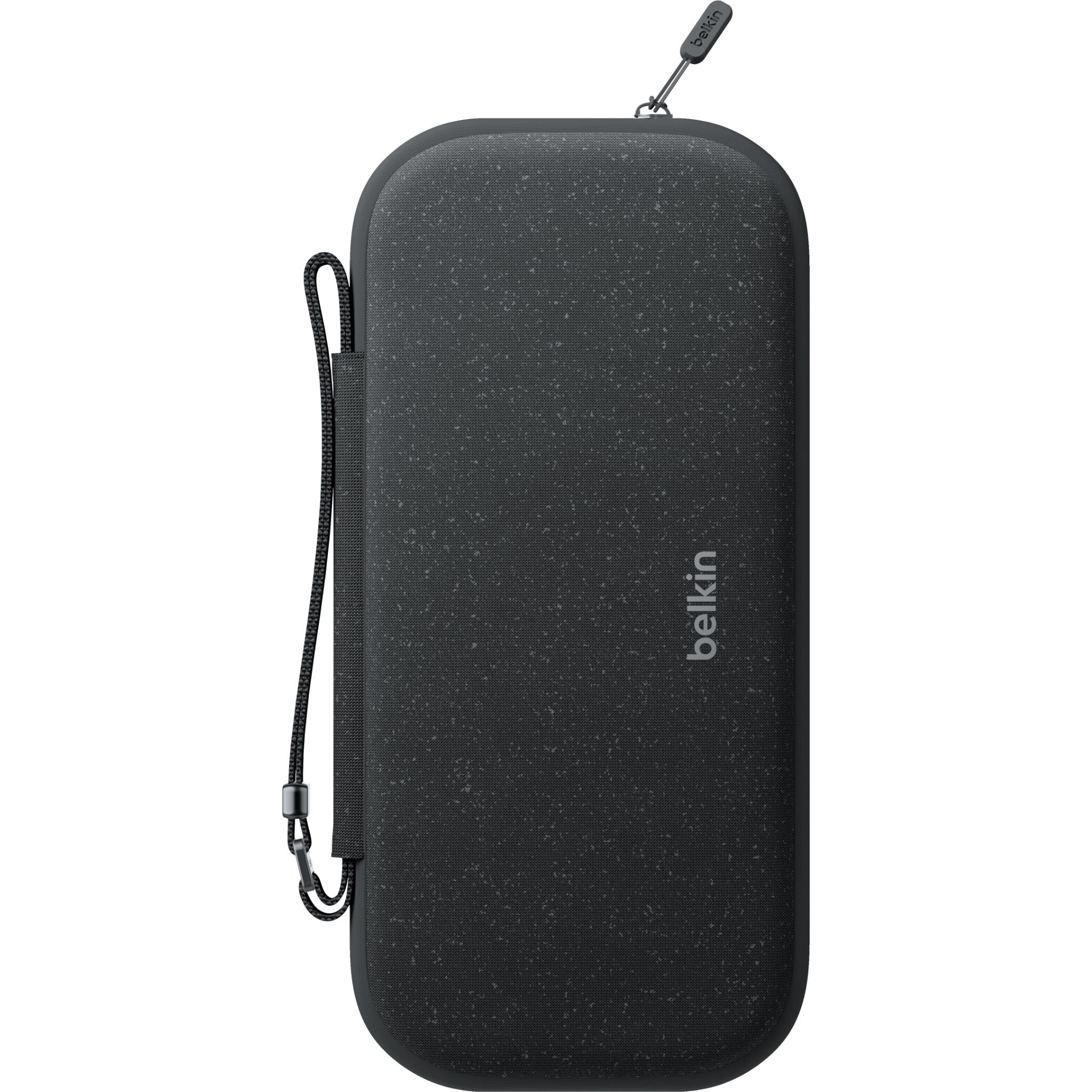 Belkin charcoal gaming travel case with zipper and wrist strap loop.