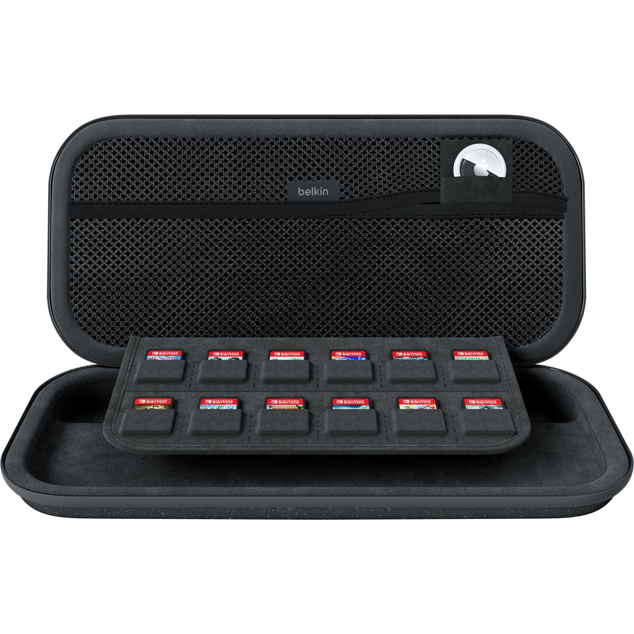 Belkin open charcoal gaming case with mesh divider and game card slots.