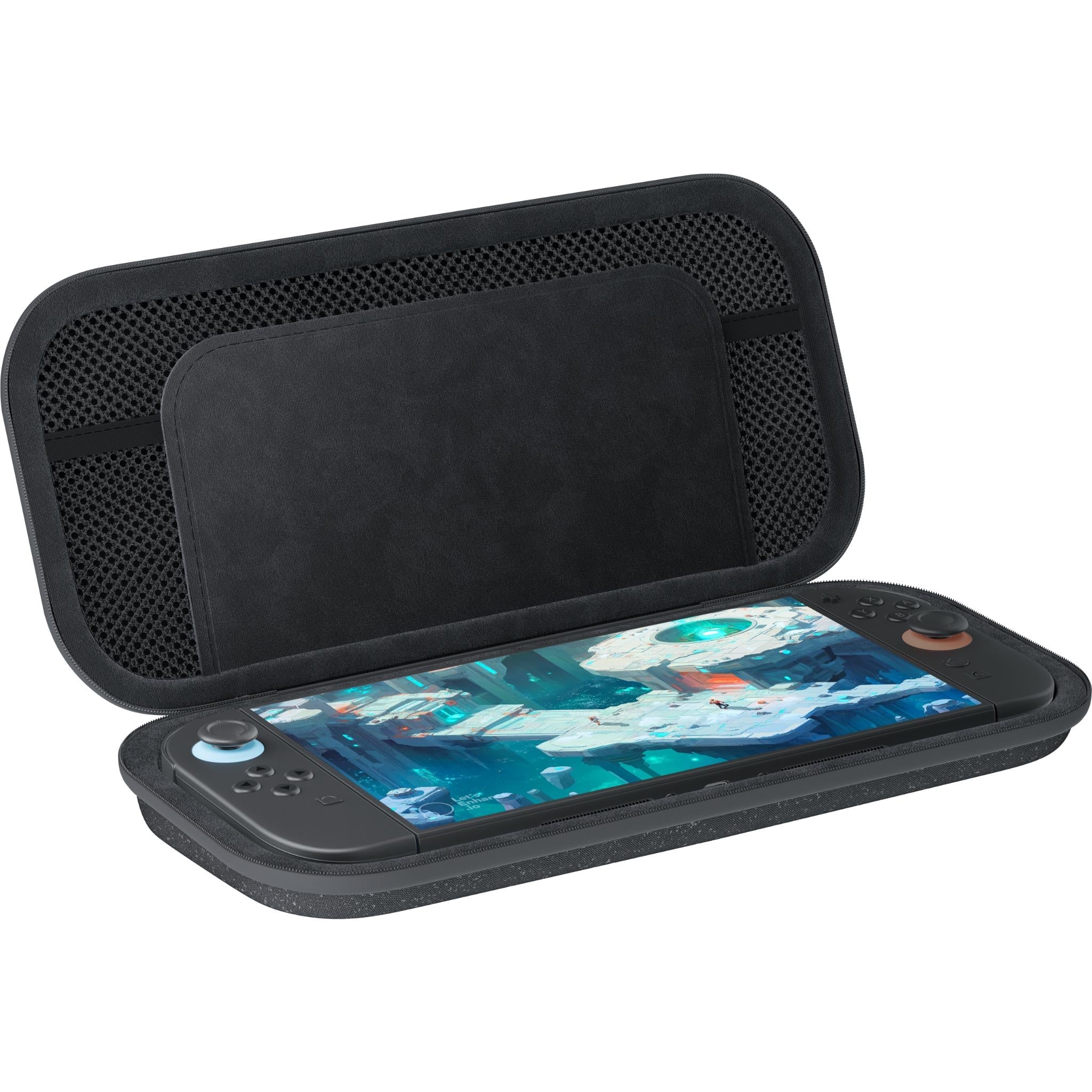 Belkin charcoal travel case open with a Nintendo Switch screen inside holder.