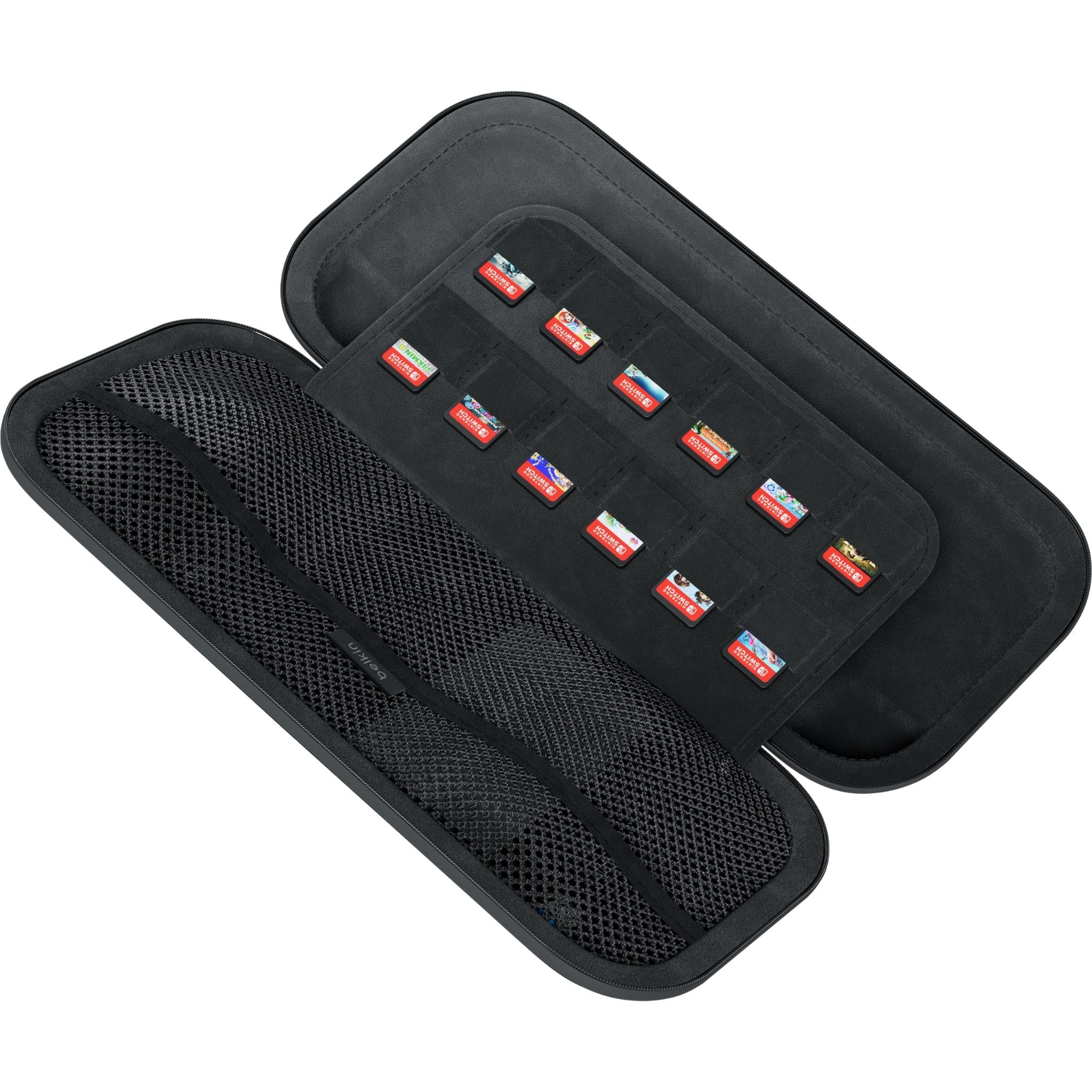 Belkin charcoal gaming case open with game card organizer and mesh panel.