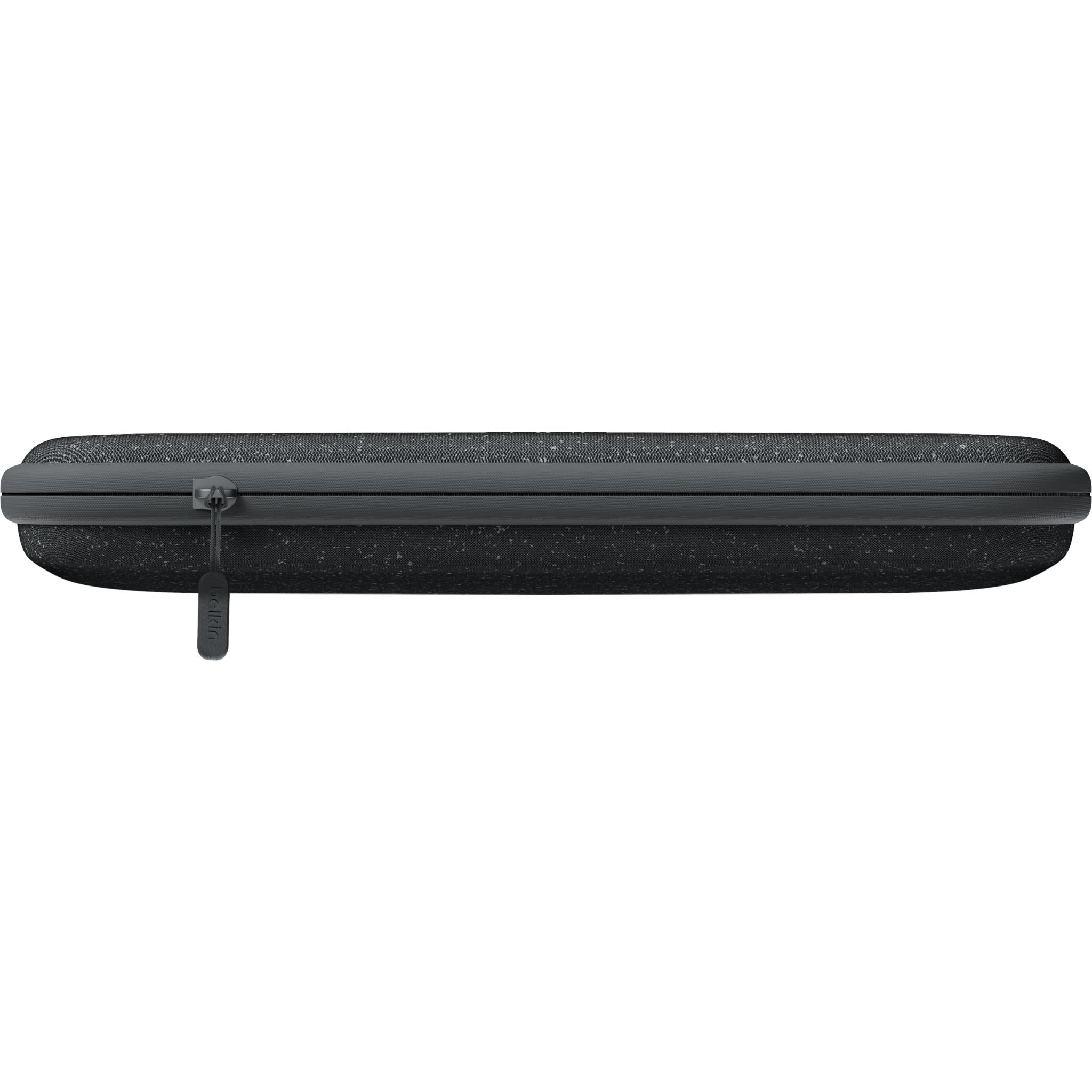 Belkin charcoal gaming case side view with zipper and hanging loop.