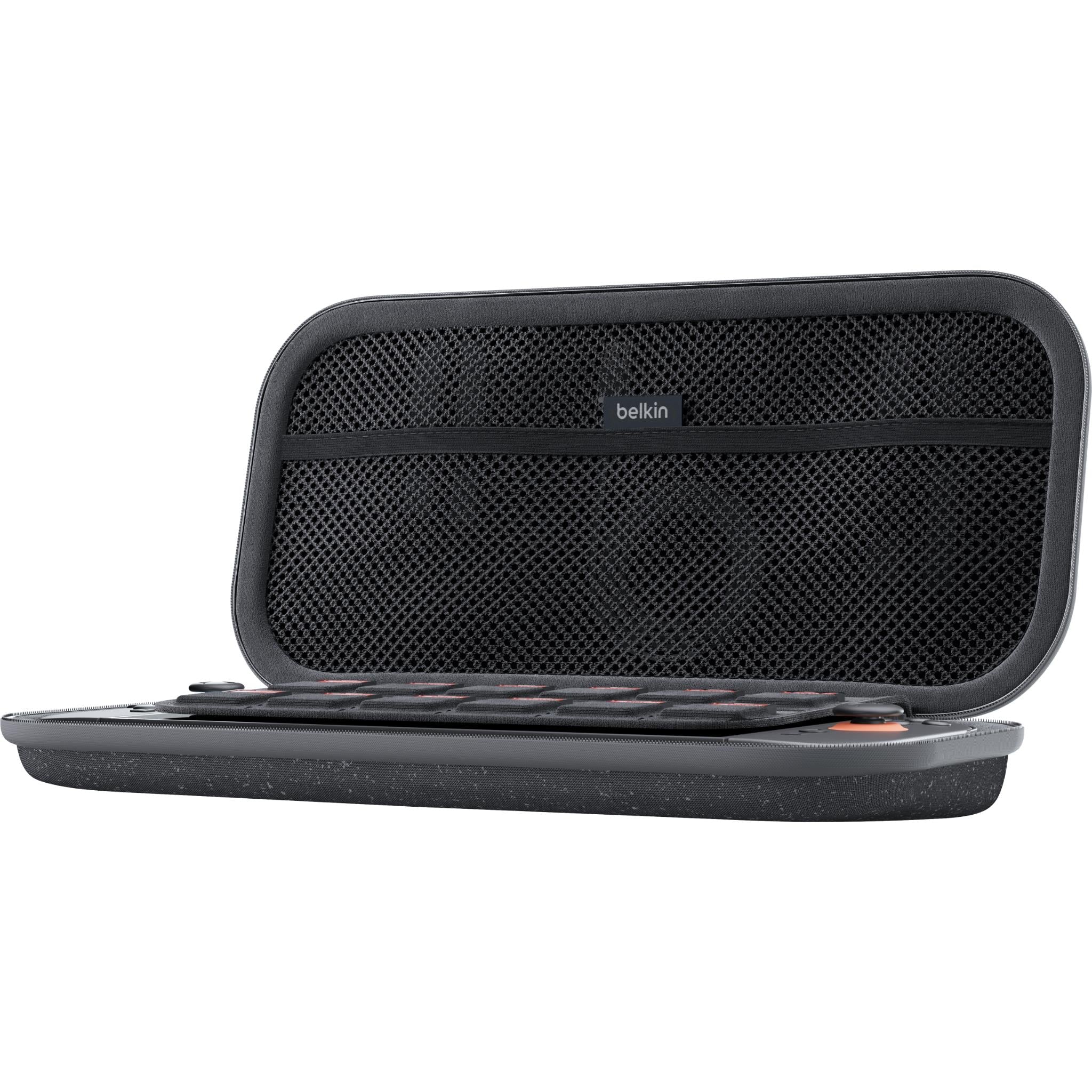 Belkin charcoal case open view showing mesh interior with belkin logo.