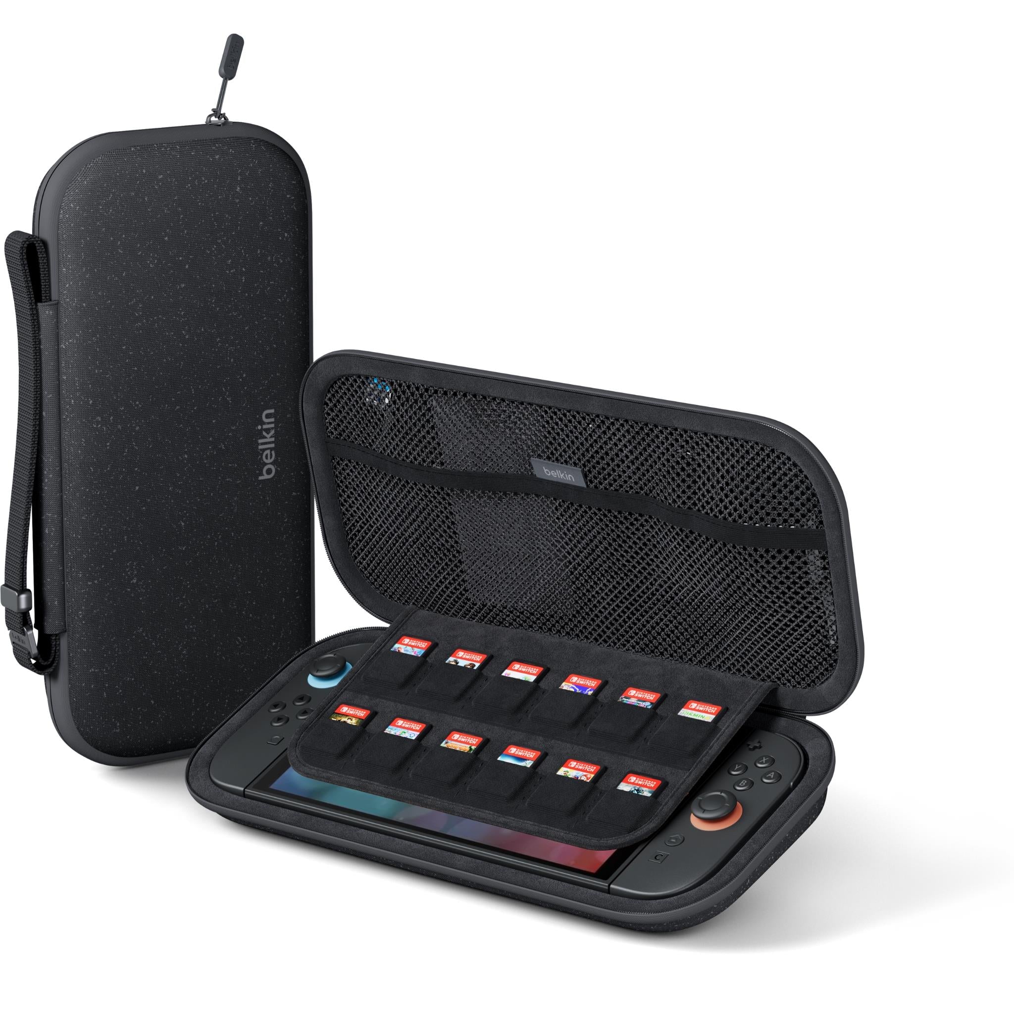 Belkin charcoal gaming case open with game card slots and console resting inside.