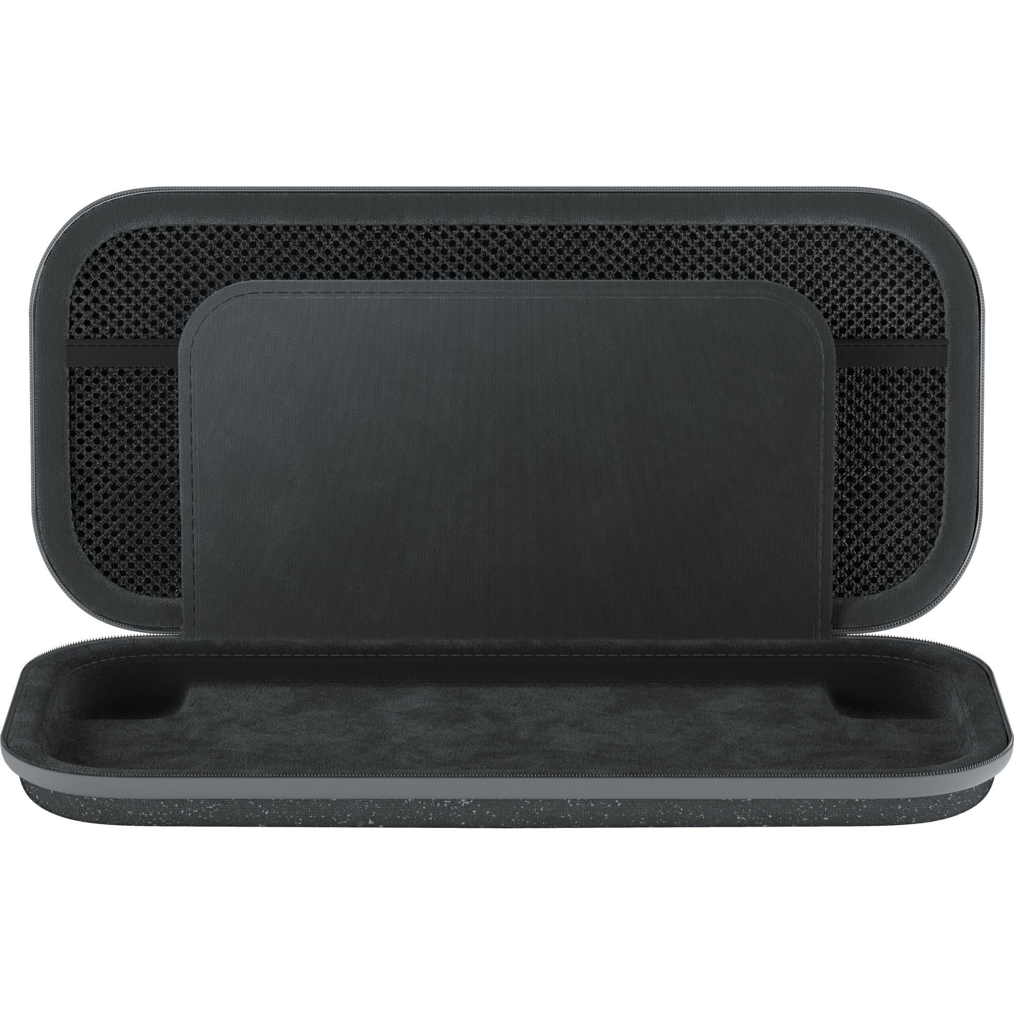 Belkin charcoal travel case open showing interior mesh and padded lid.
