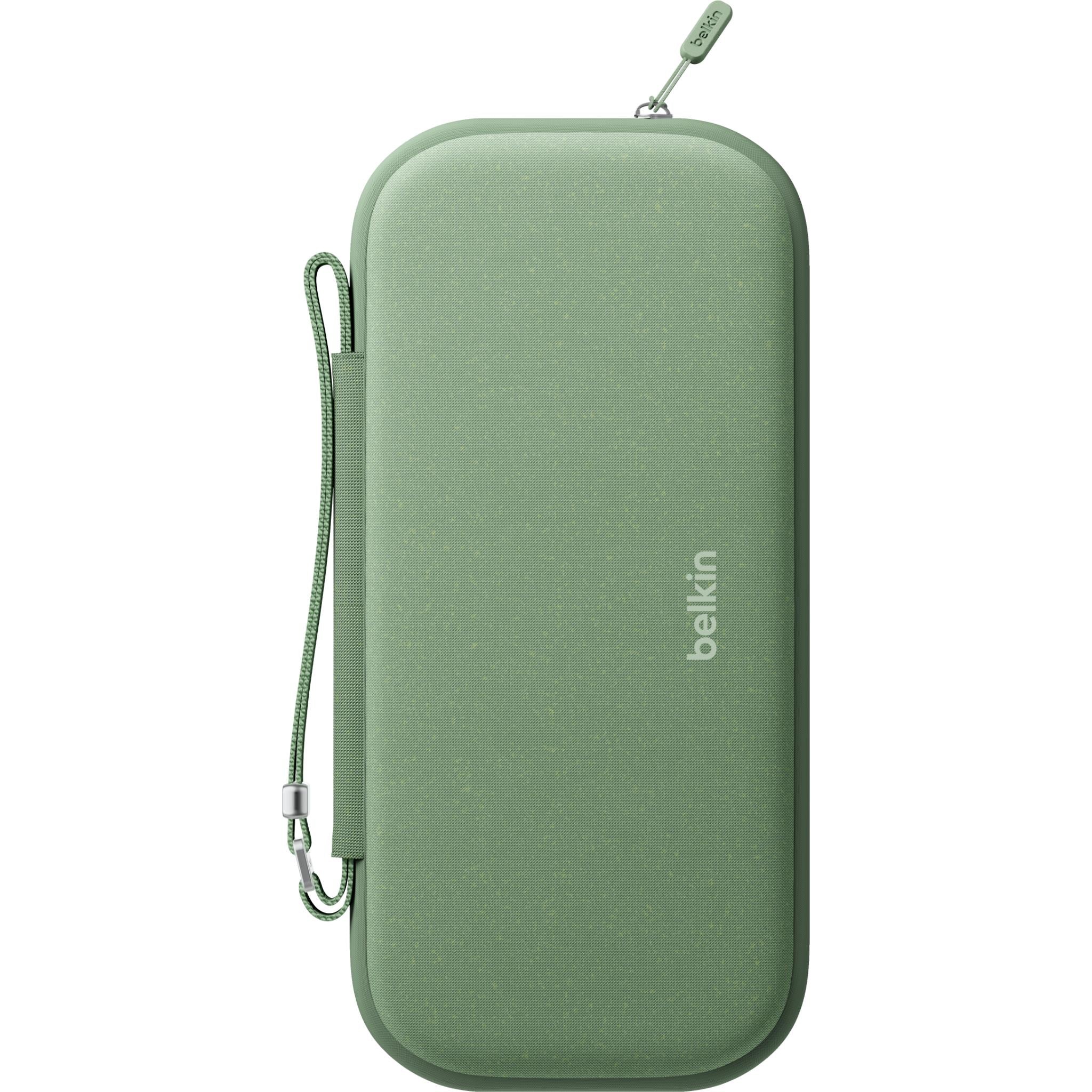 Sage green Belkin gaming travel case with zip and carrying hook loop
