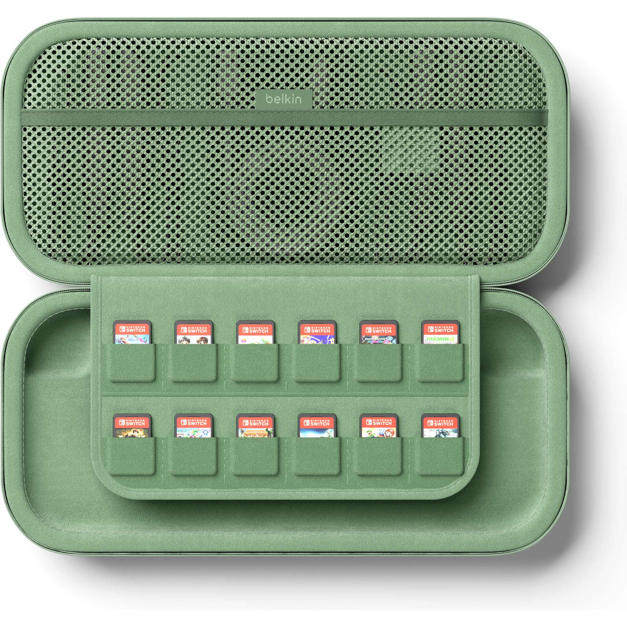 Sage green open case with mesh pocket and game card slots for Nintendo Switch 2