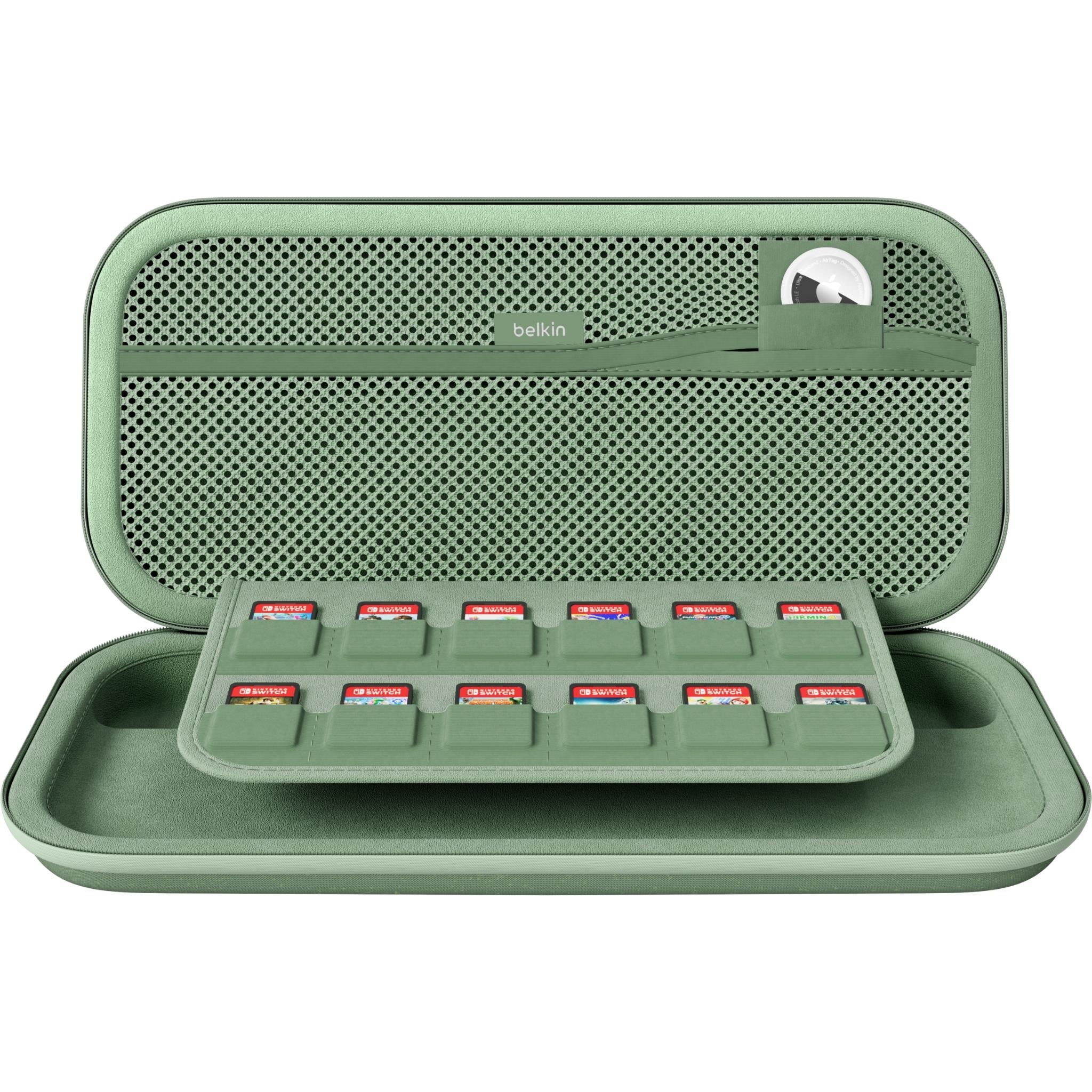 Sage green case open to show mesh panel and molded card holders