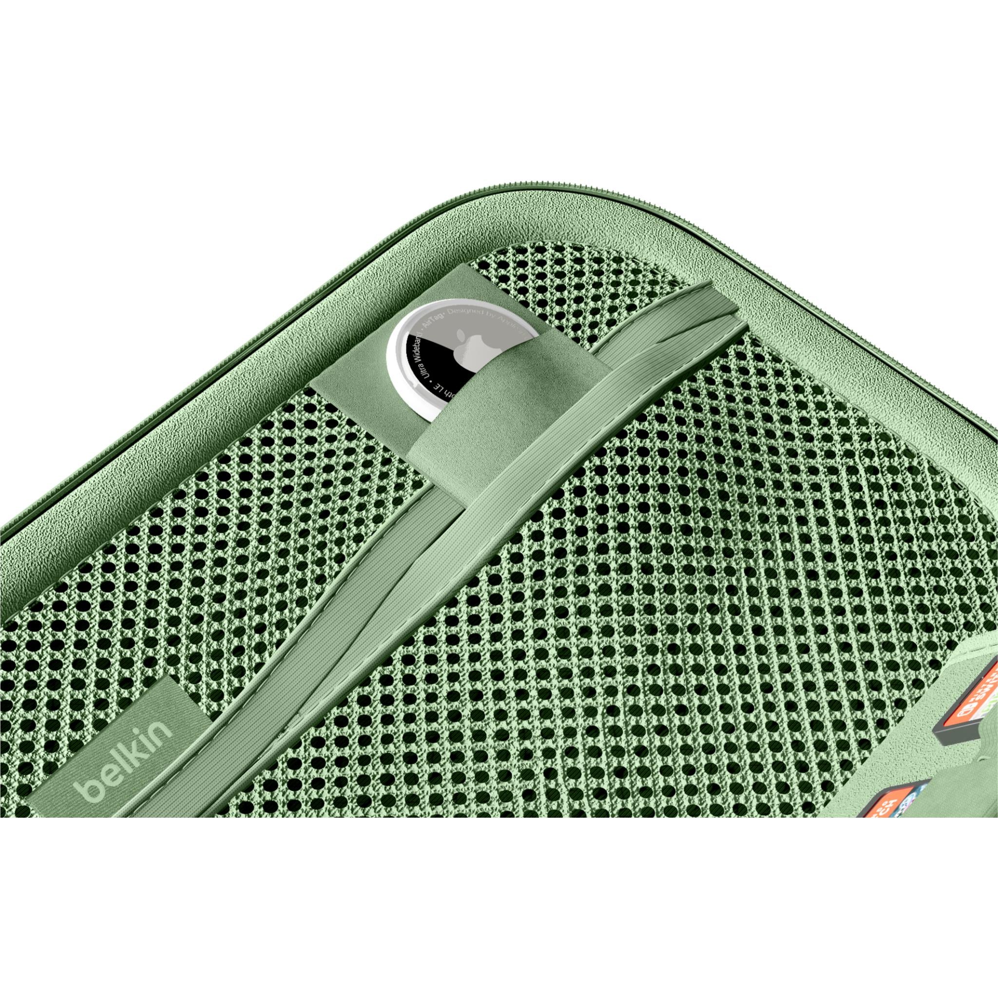 Close-up of open sage green case with mesh panel and white device tray