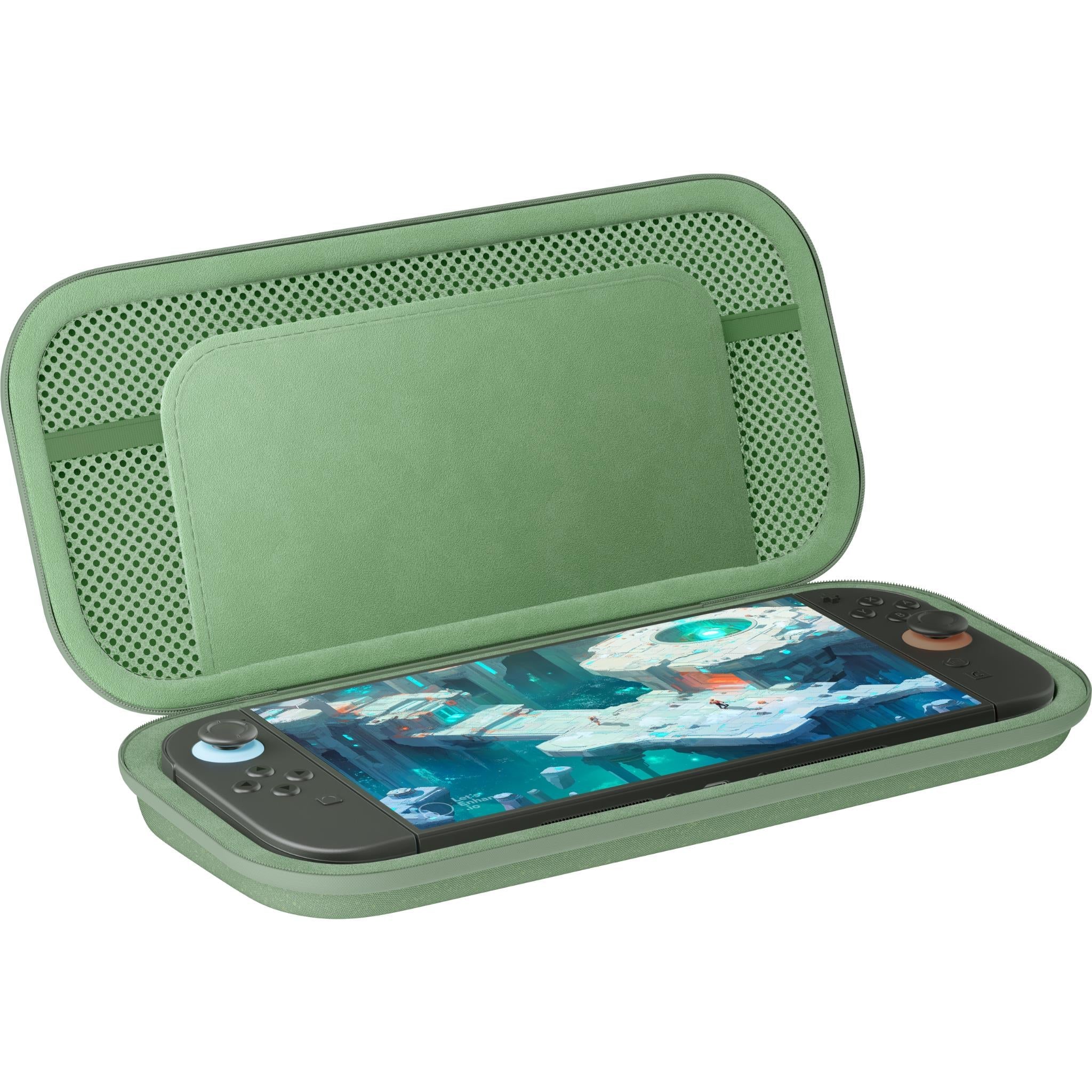 Sage green open case holding a Nintendo Switch 2 tablet with screen window
