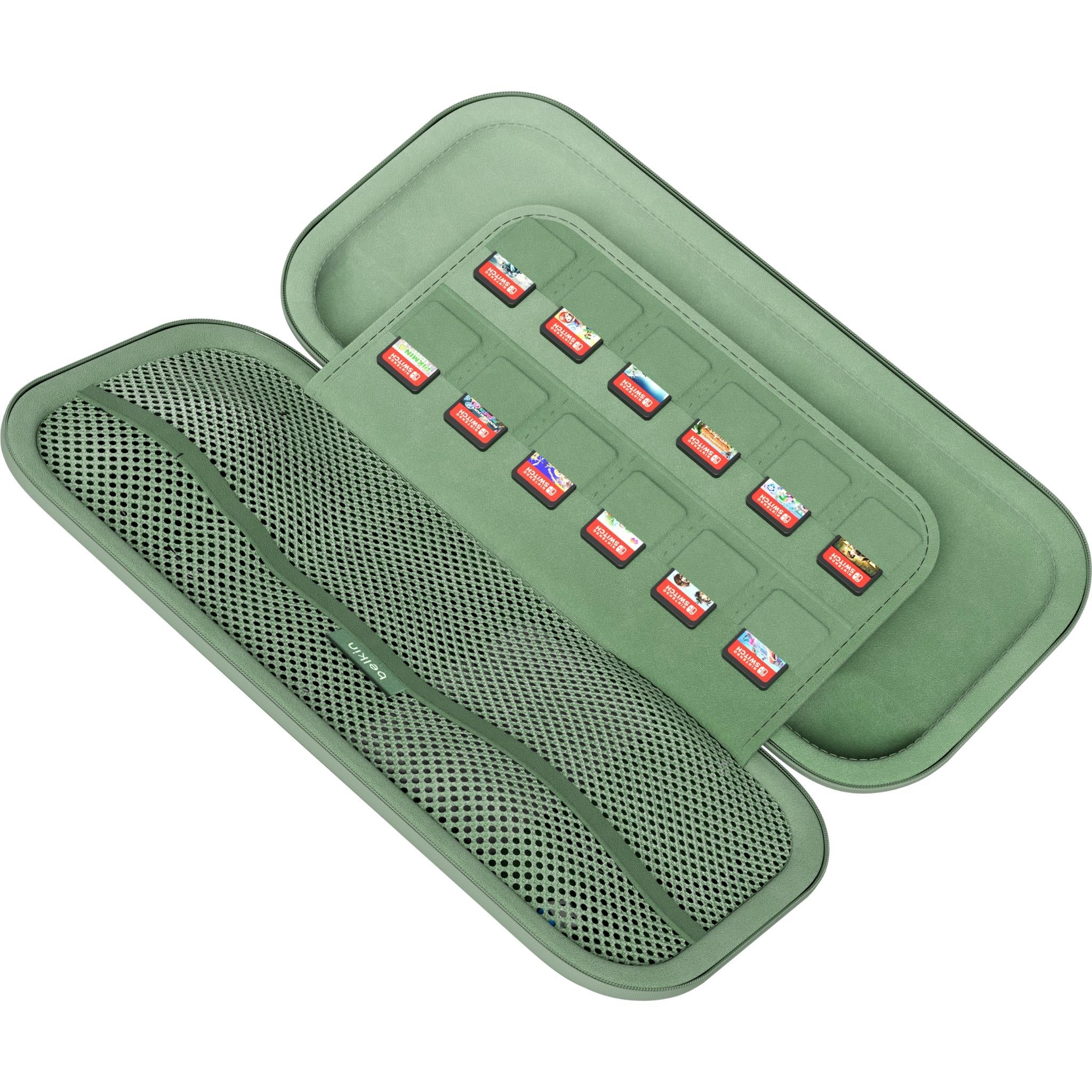 Sage green travel case open with mesh divider and game card slot organizer