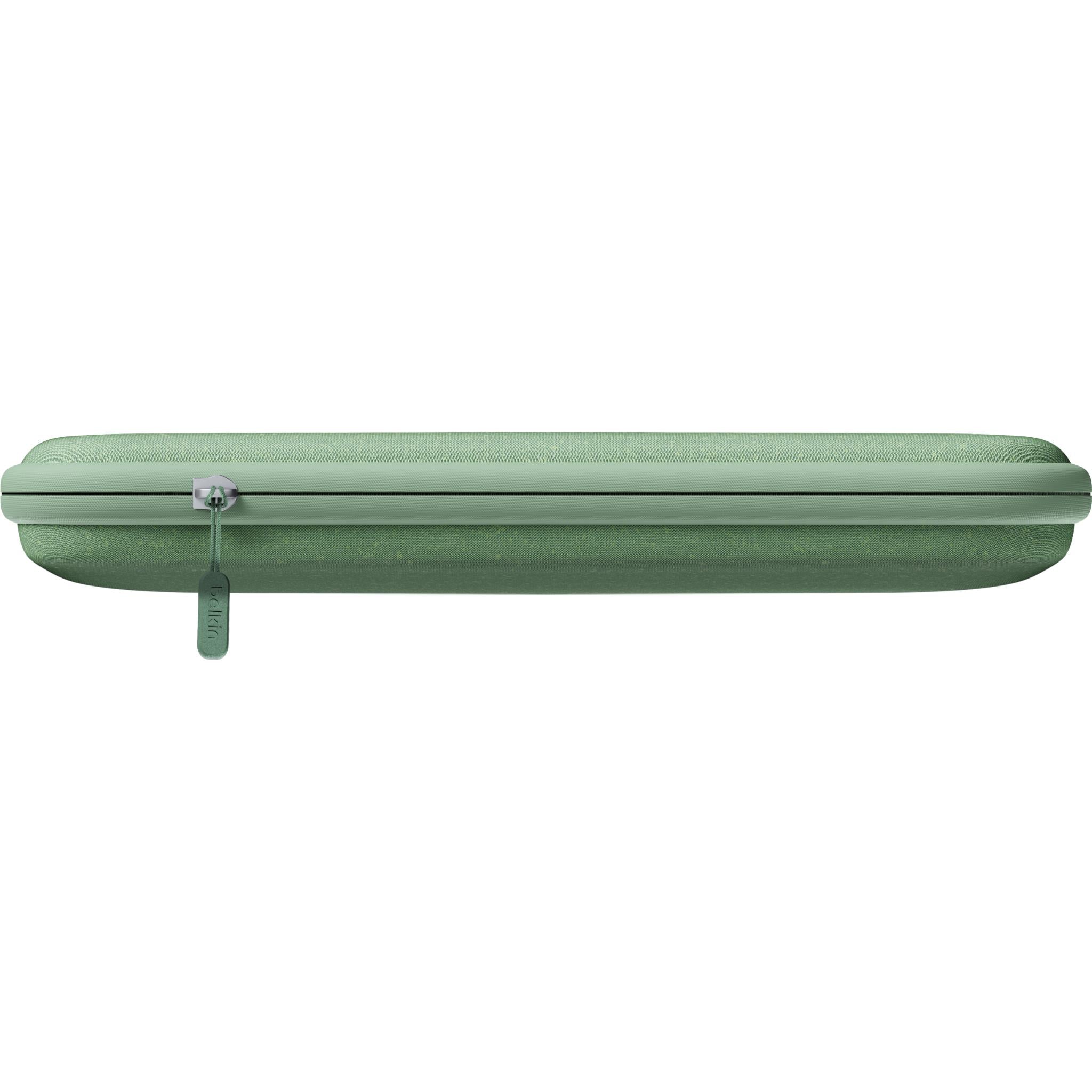Sage green hard-shell travel case with top zipper and hanging pull tab