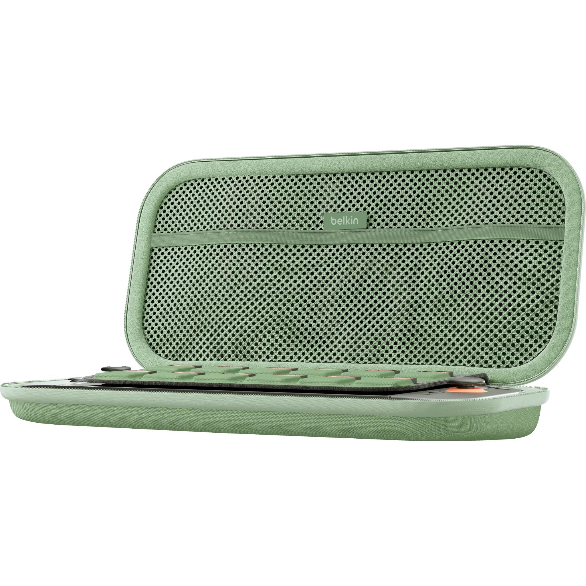 Sage green case partially open with mesh top pocket and device inside
