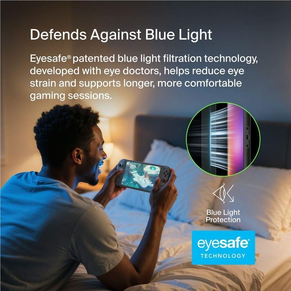 Gaming handheld with blue light filter screen protector on display