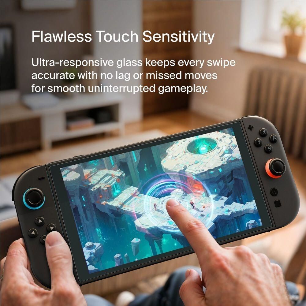Nintendo Switch handheld showing gameplay with a tempered glass screen protector