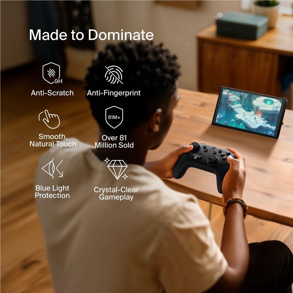Nintendo Switch handheld with blue light protection screen protector during gameplay