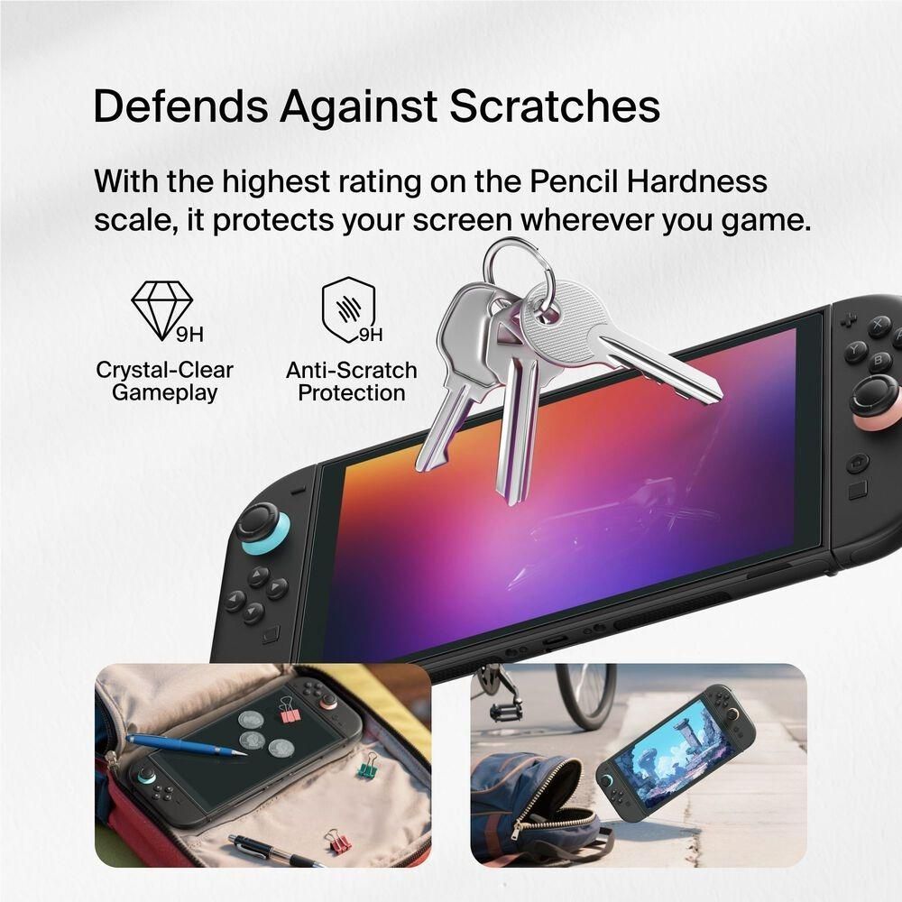 Tempered glass screen protector protecting a Nintendo Switch screen with key and scratch icons
