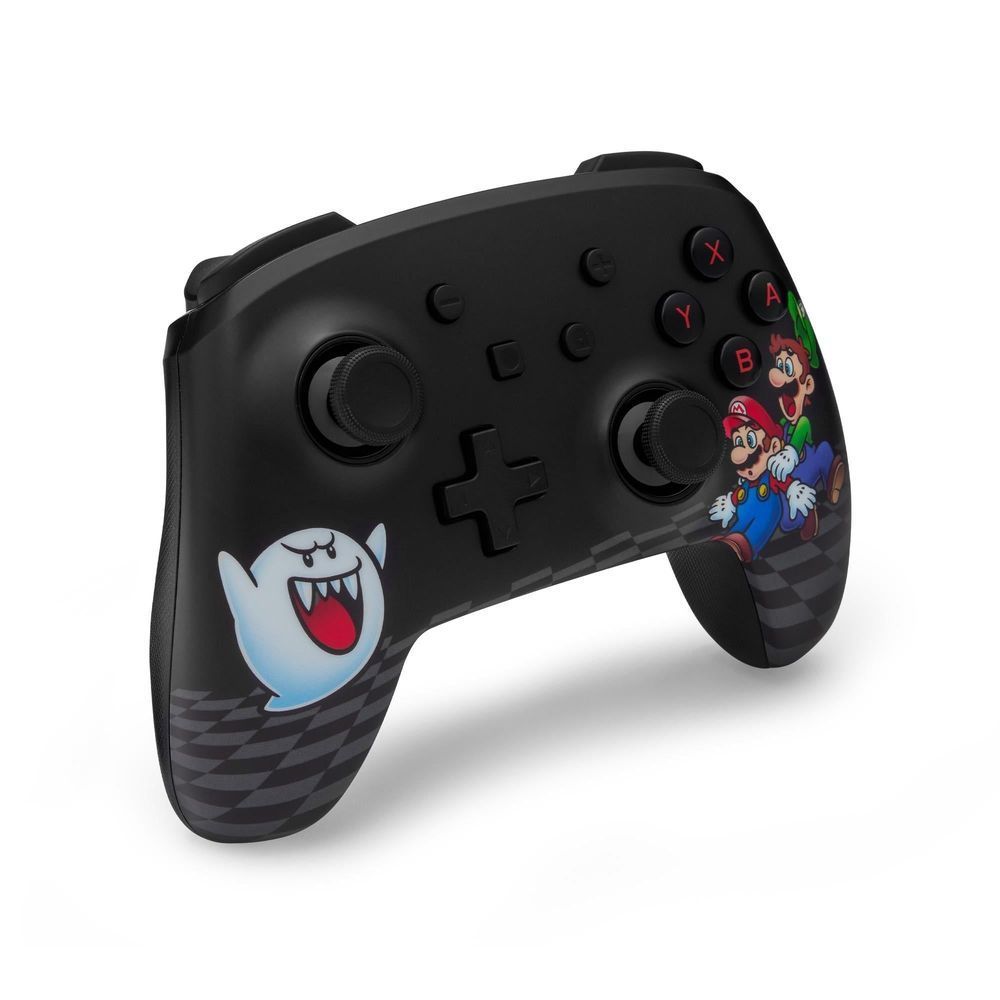 Wireless game controller for Nintendo Switch, black shell with blue ghost graphic and face buttons