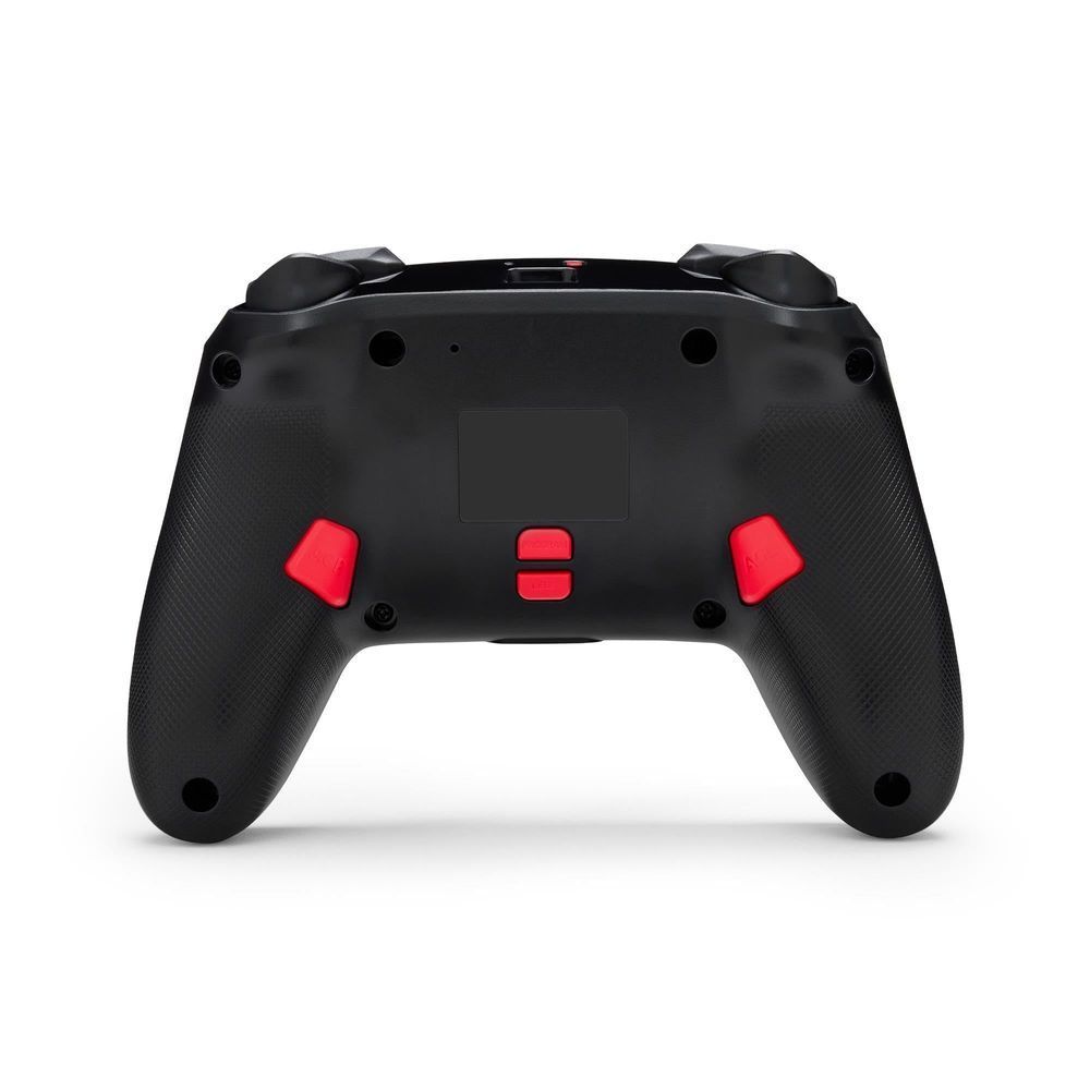 Wireless game controller, black rear shell with two red trigger indicators and textured grips