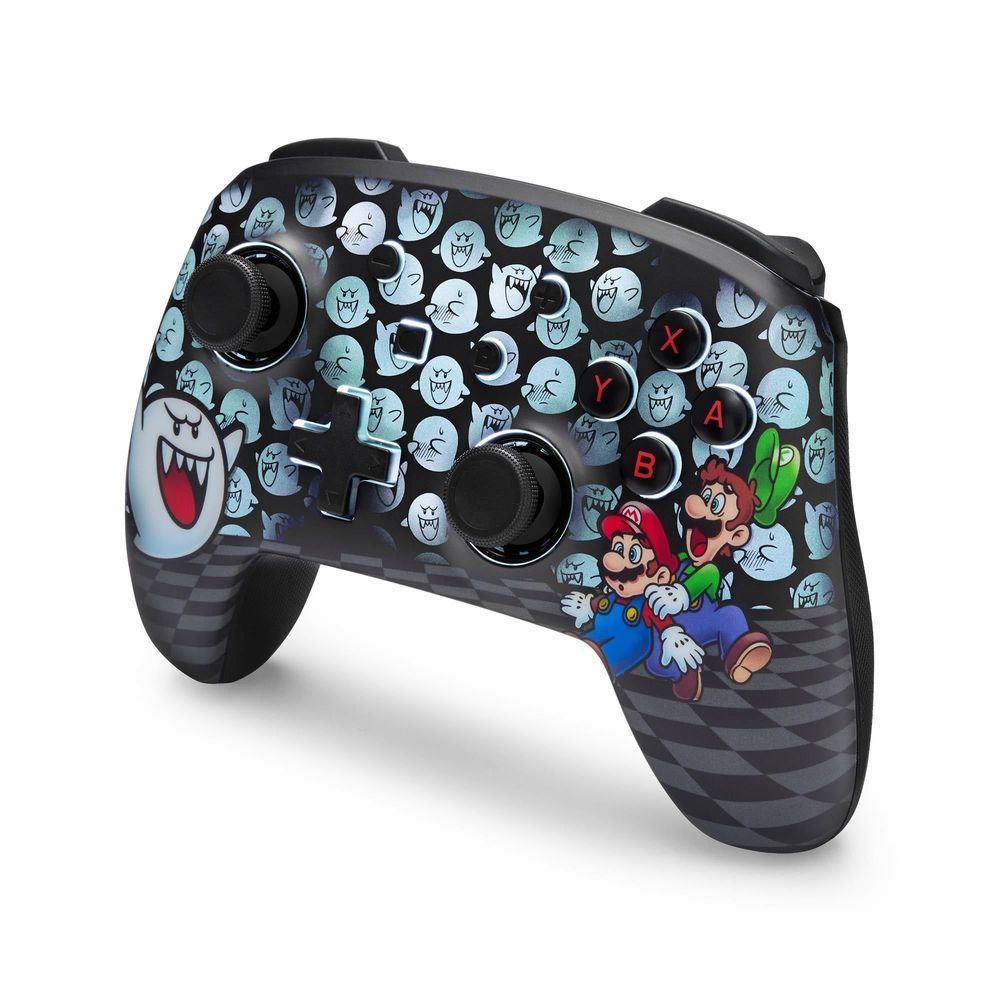 Wireless game controller for Nintendo Switch, blue ghost icons, black D-pad and thumbsticks