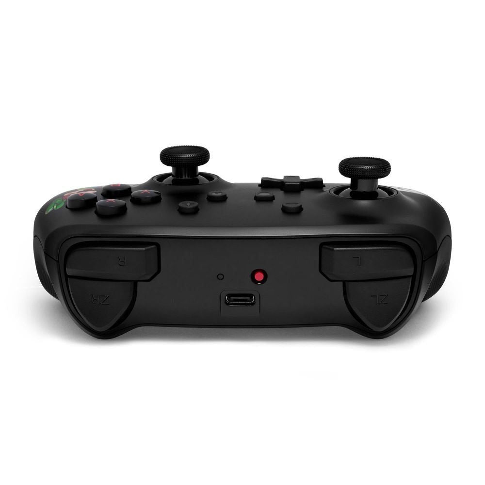 Wireless game controller bottom view, central charging port and textured rear handles