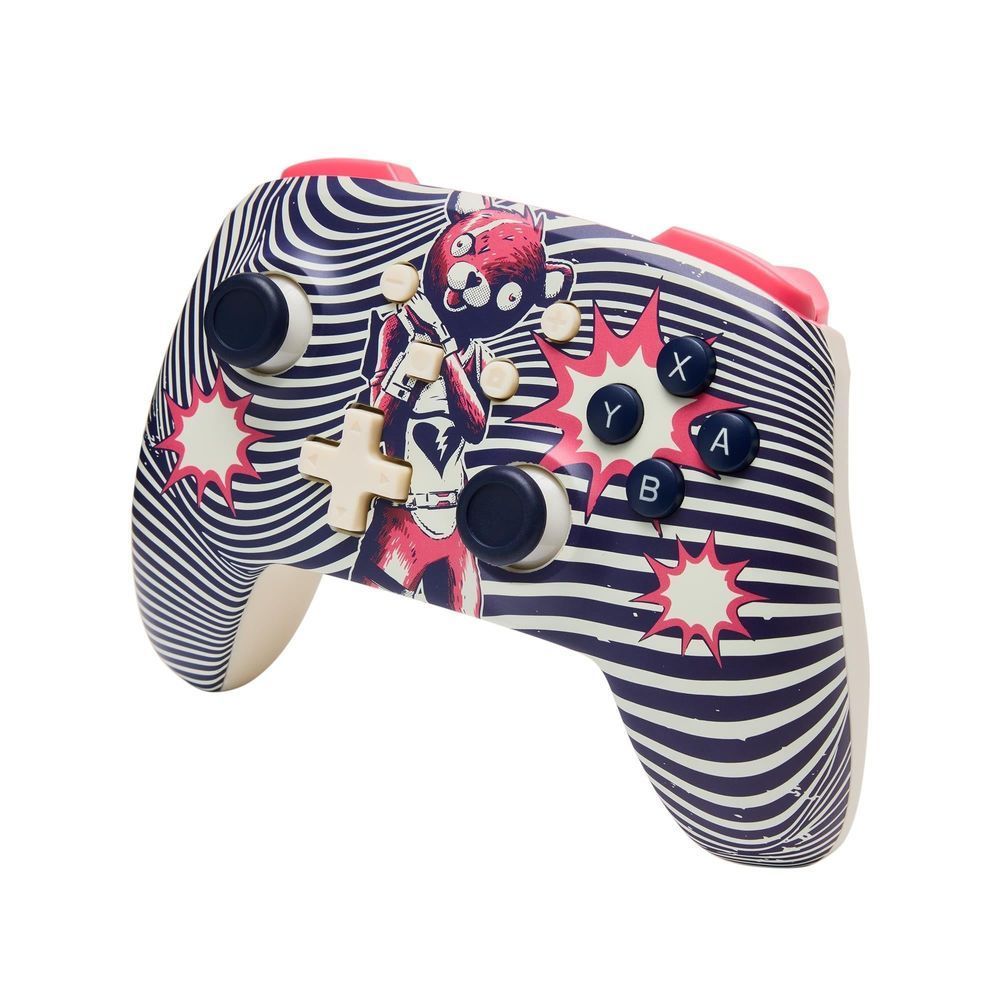 Navy and pink wave-striped Fortnite controller with face buttons and two sticks.