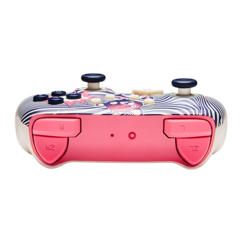 Wave-striped Fortnite controller rear with pink trigger grips and connector openings.