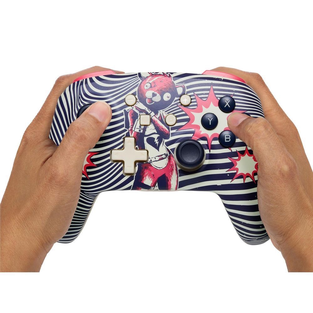 Fortnite themed wave-striped Nintendo Switch controller in hands, showing sticks and buttons.