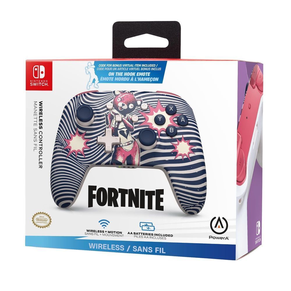 Fortnite wireless controller retail box for Nintendo Switch with PowerA branding.
