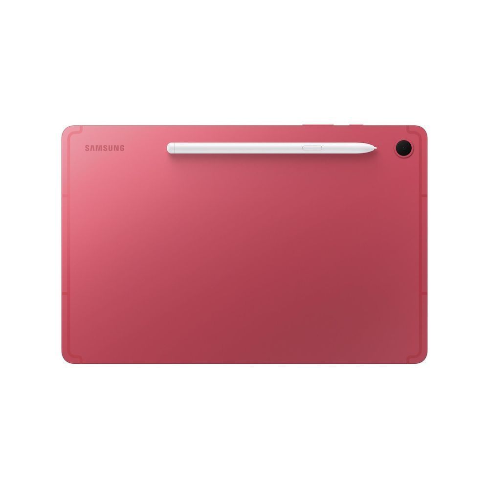 Coral red Galaxy Tab S10 Lite tablet back with stylus on top