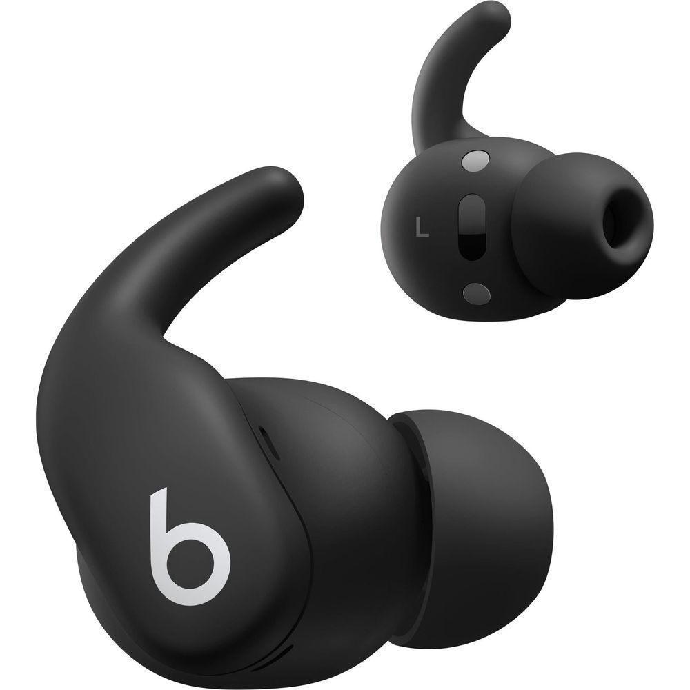Jet black wireless earbuds with L marking and secure eartip