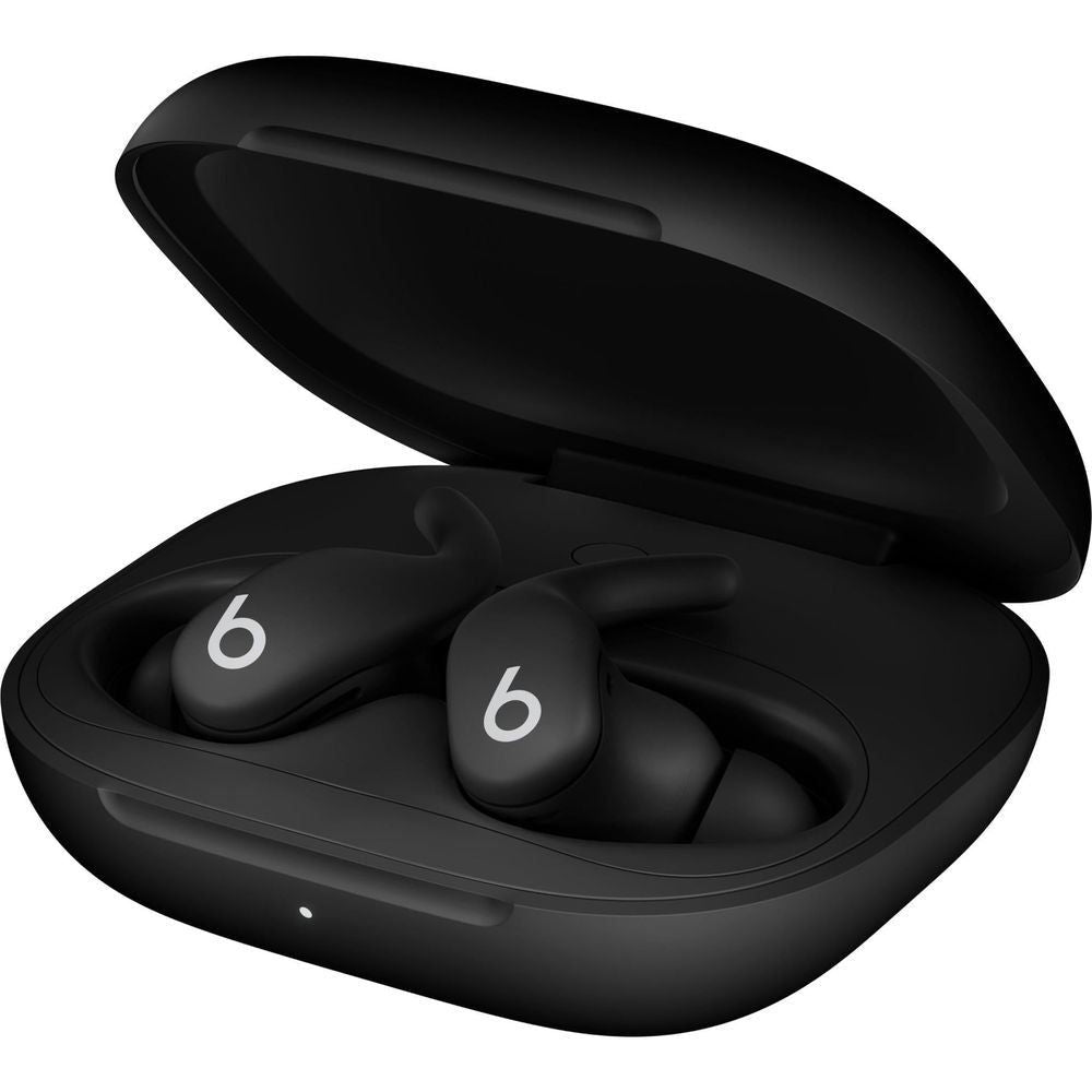 Jet black wireless noise-cancelling earbuds in open charging case