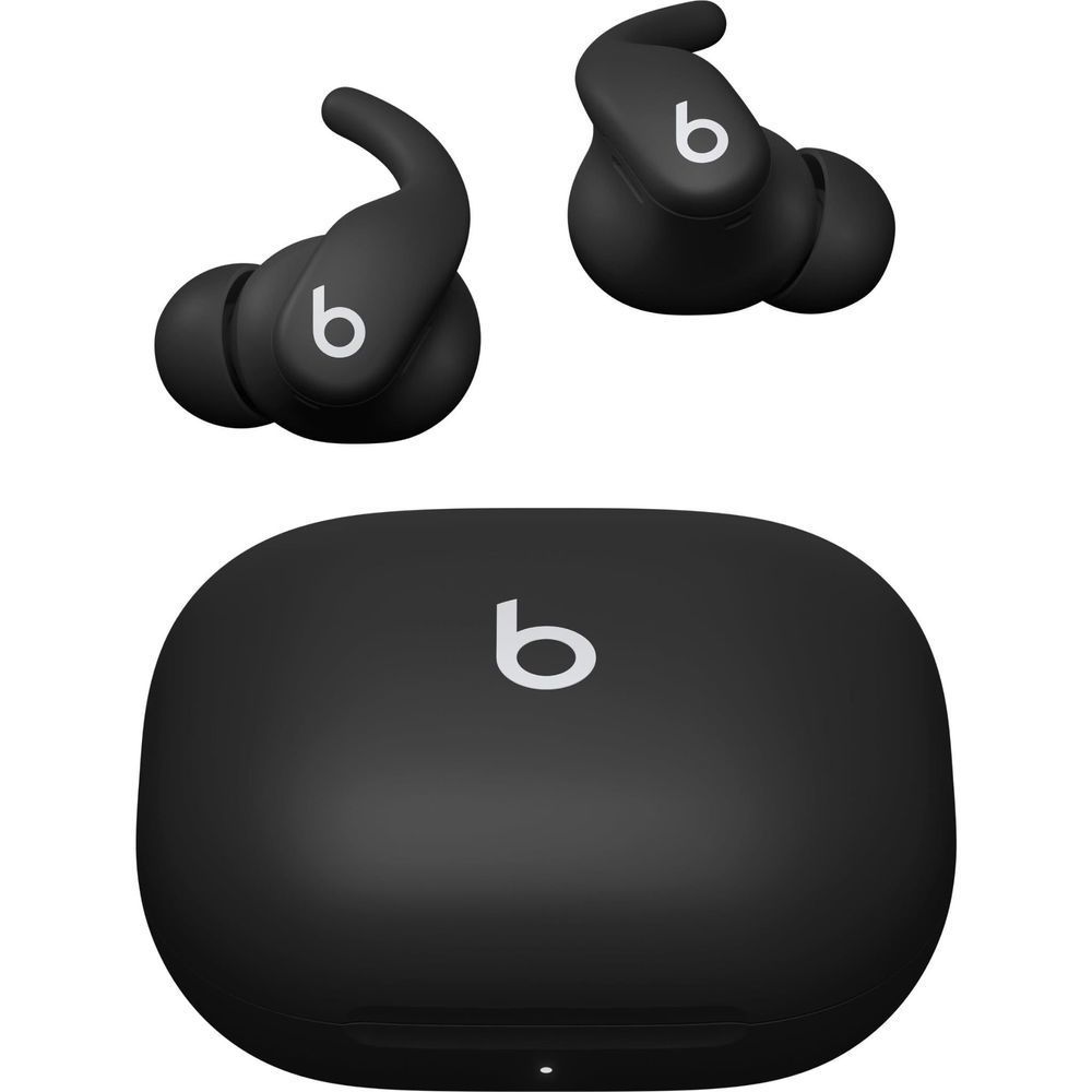 Jet black wireless earbuds with charging case, earbuds shown with case top