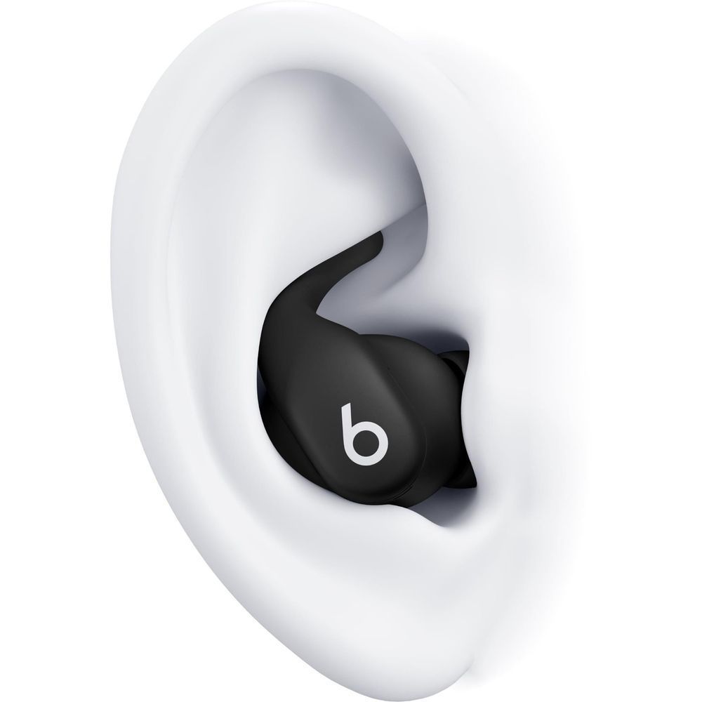 Jet black wireless noise-cancelling earbud fitted in ear silhouette