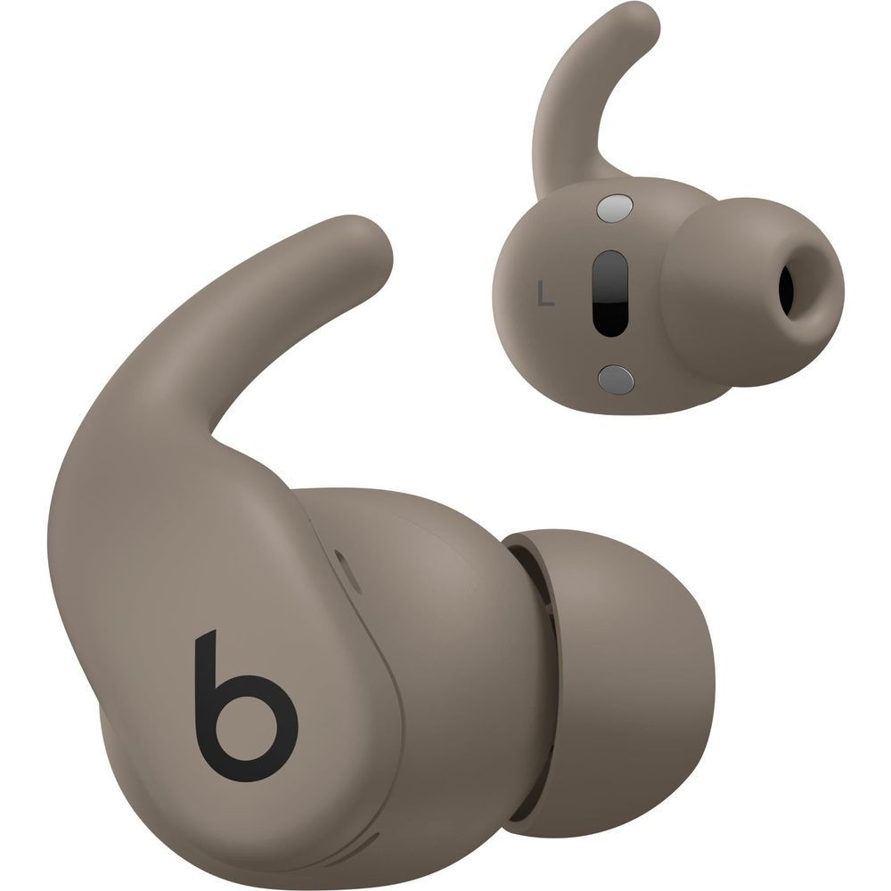 Gray wireless earbuds with ear-wings and button controls, one marked L