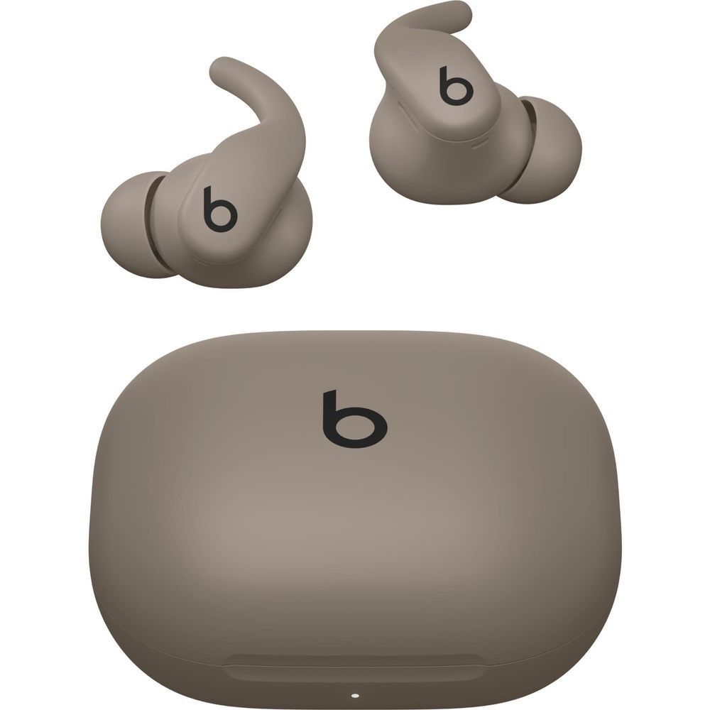 Gray charging case with b logo, plus two earbuds with wing tips