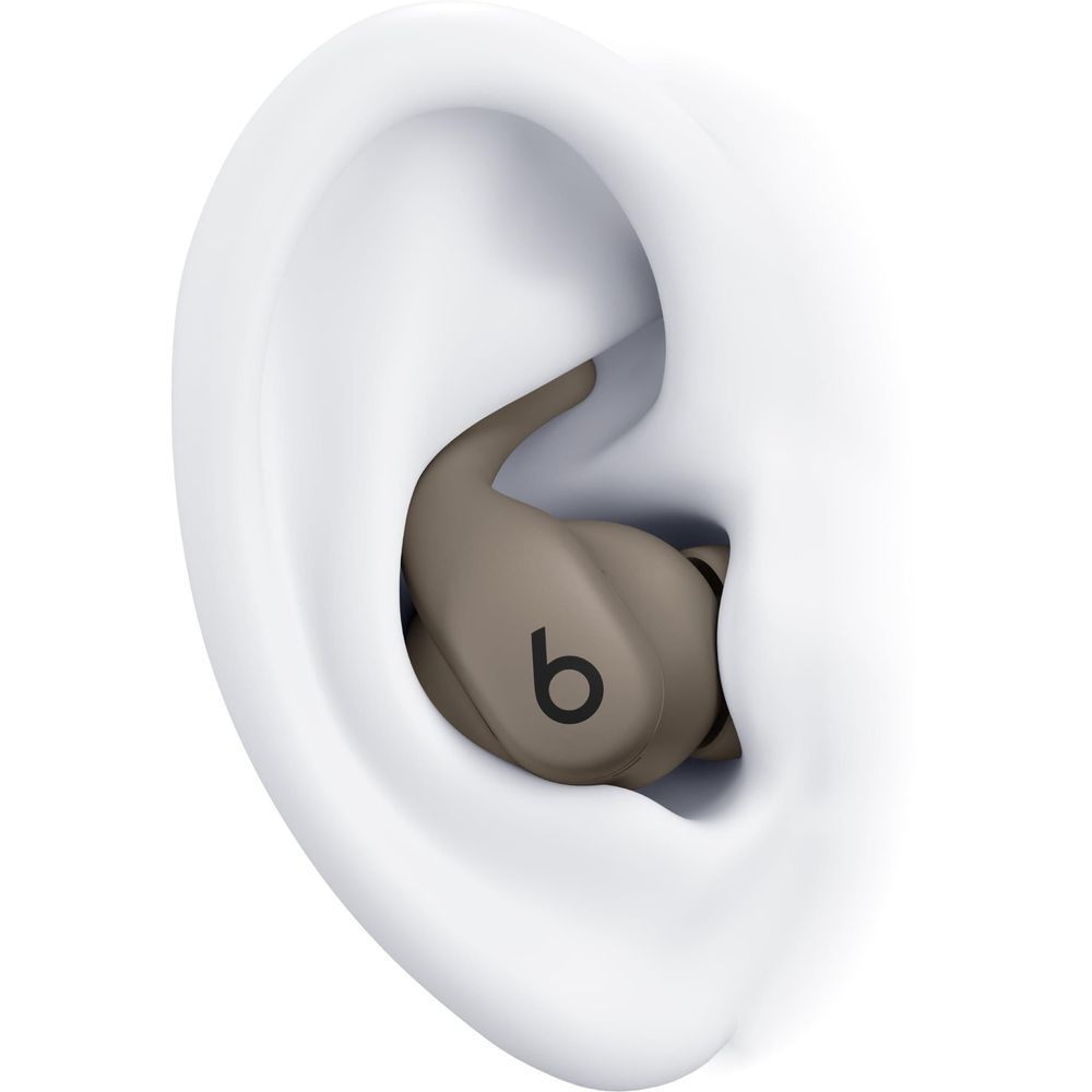Gray in-ear wireless earbuds with wing tip shown in ear