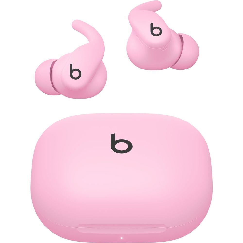 Pink wireless earbuds with closed charging case