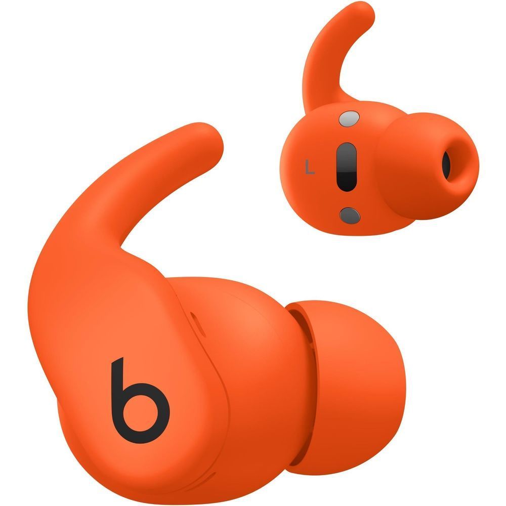 Beats Spark orange wireless earbuds, showing L/R side markings