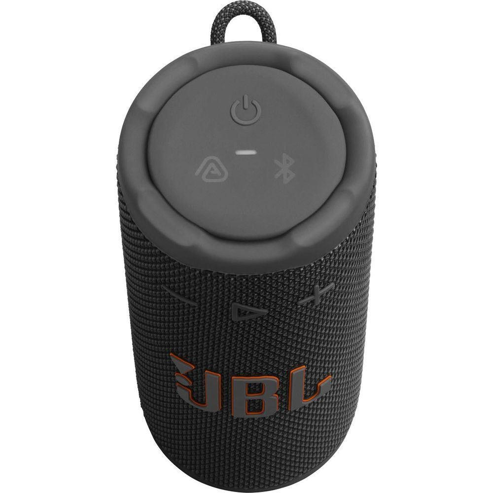 Compact portable speaker with top control panel and hanging loop; JBL logo on front