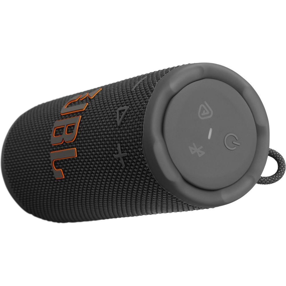 Compact portable speaker, black textured mesh with side JBL branding and top control panel