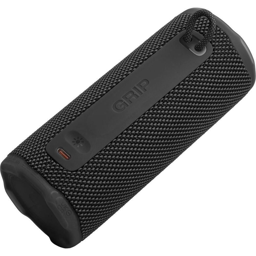 Compact portable speaker side view with GRIP label panel and rubber end caps