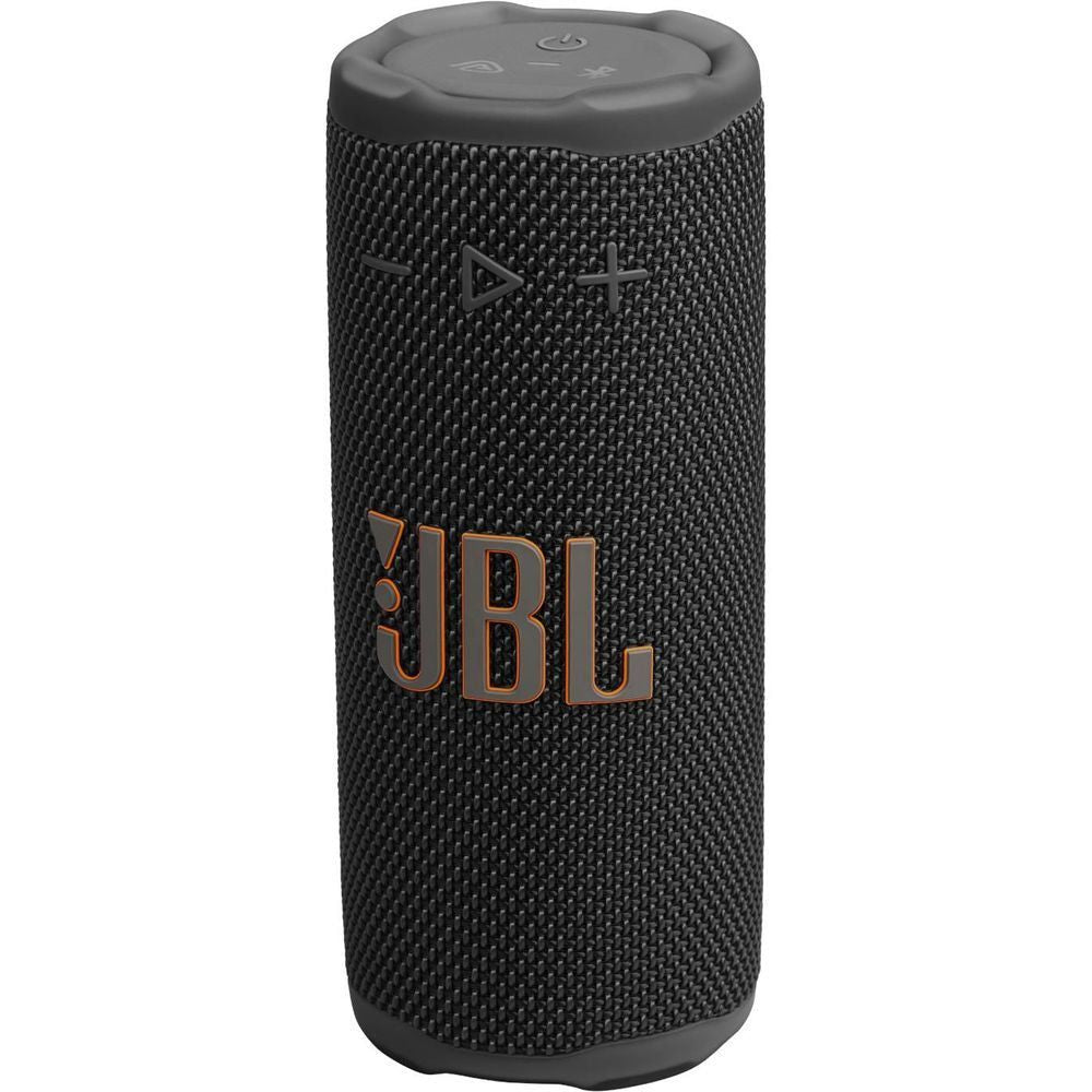 Compact portable speaker front view, black textured grille with JBL logo on face