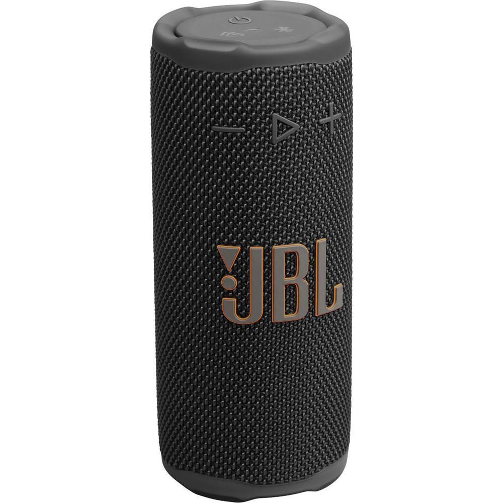 Compact portable speaker front view with play and volume icons and JBL logo