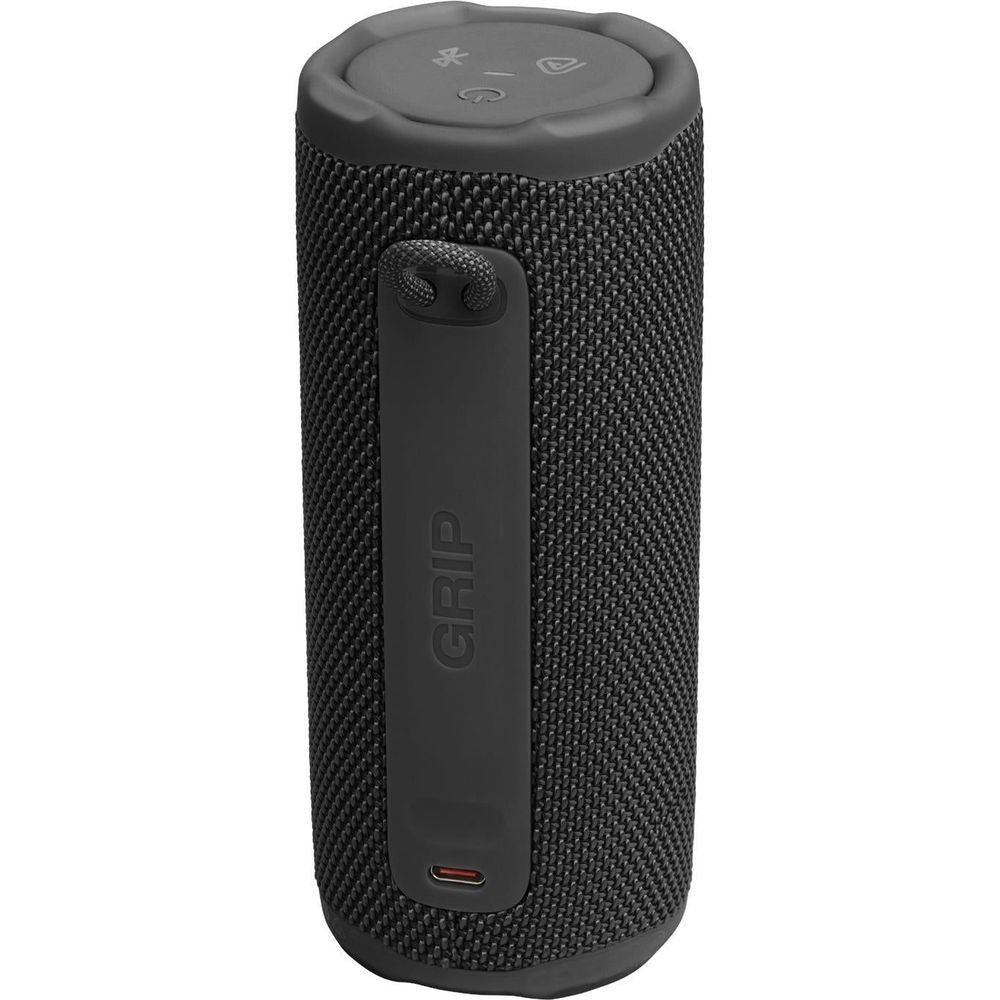 Compact portable speaker with side GRIP label and top control buttons