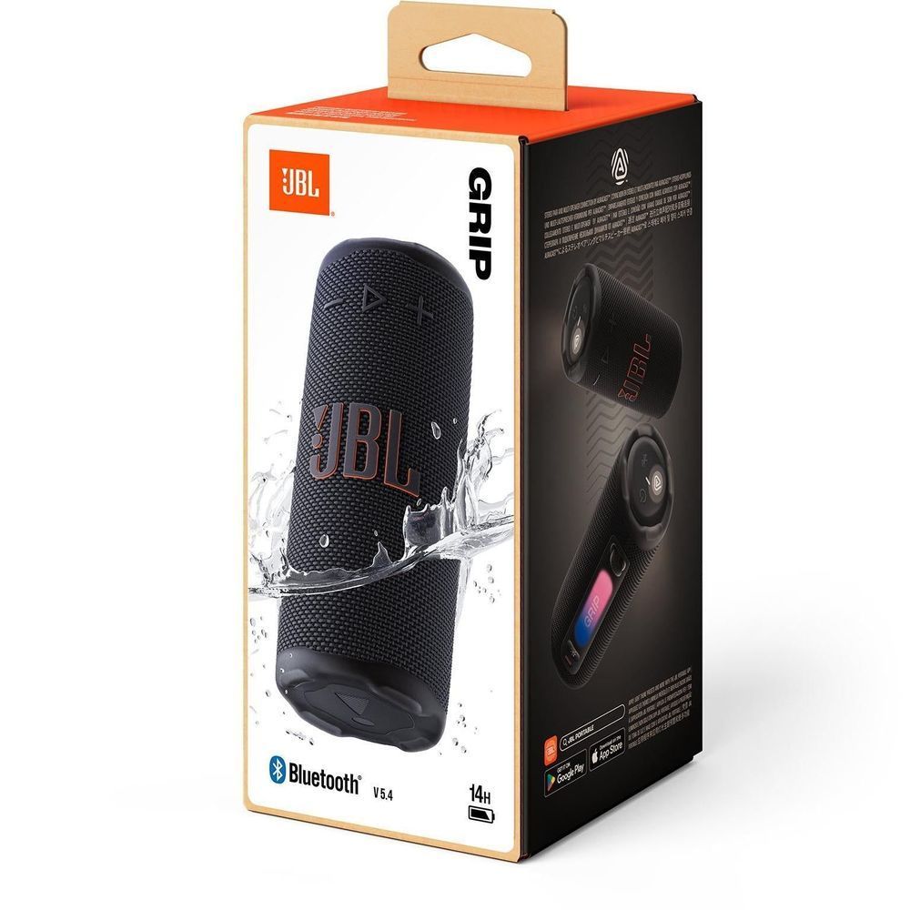 JBL Grip Compact portable speaker retail box with speaker image and feature graphics