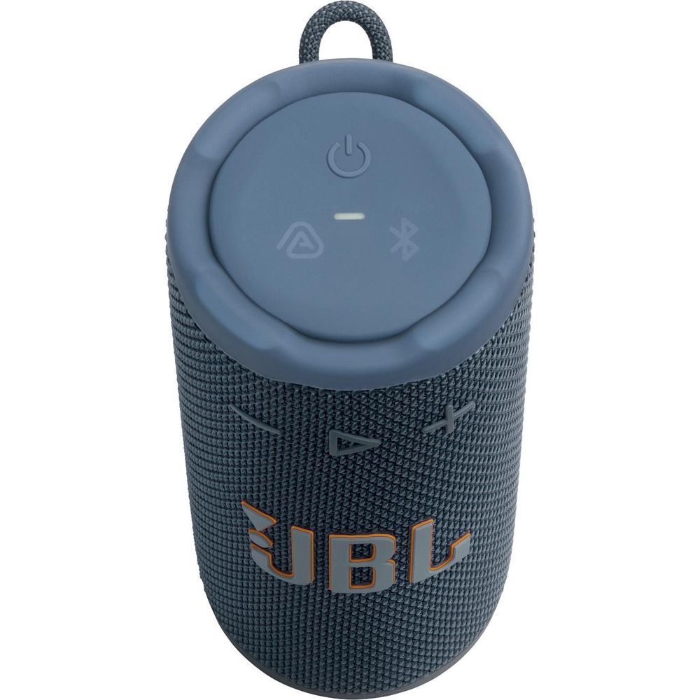 Blue JBL compact portable speaker with power/control icons on the top