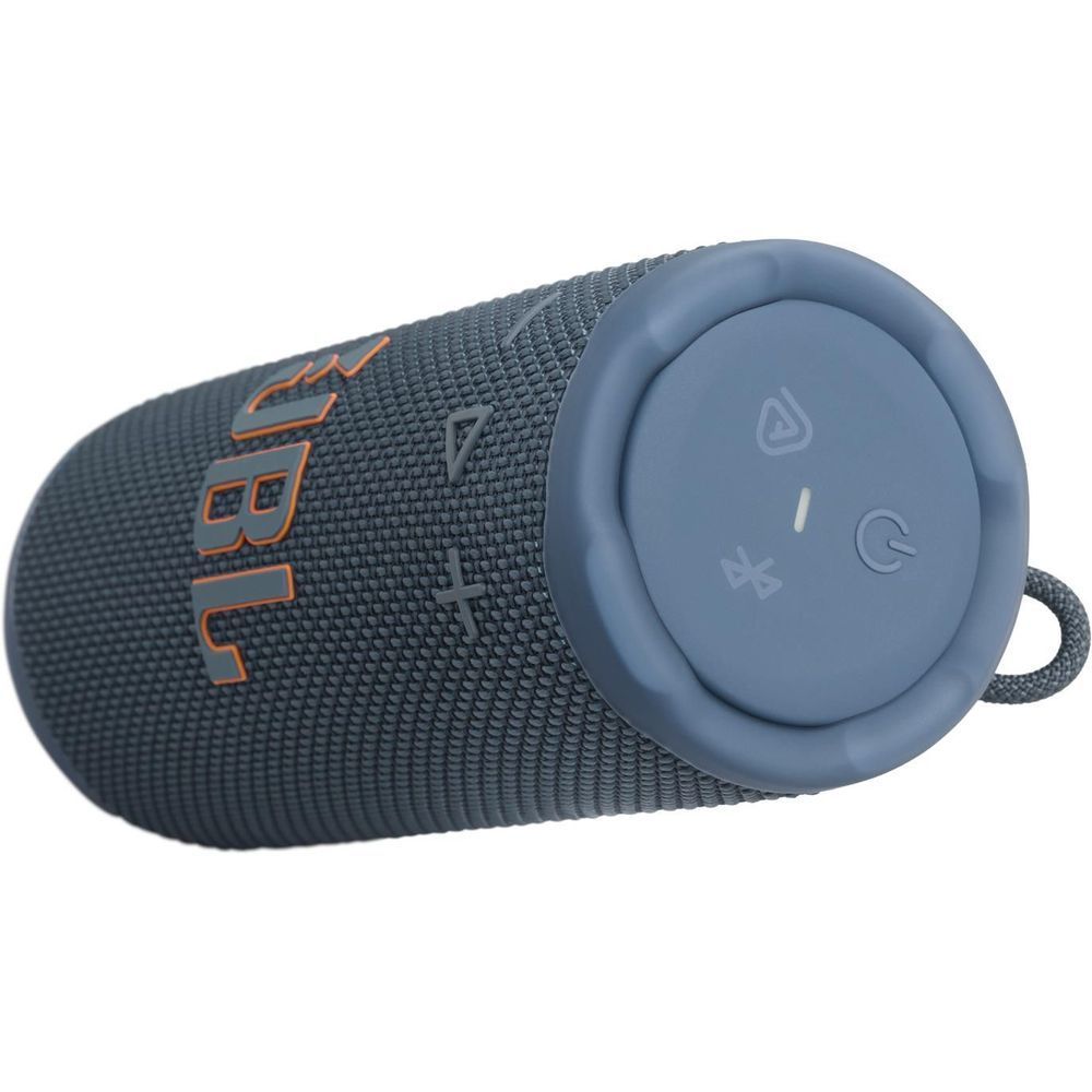 Blue JBL compact portable speaker with side JBL logo and top control buttons